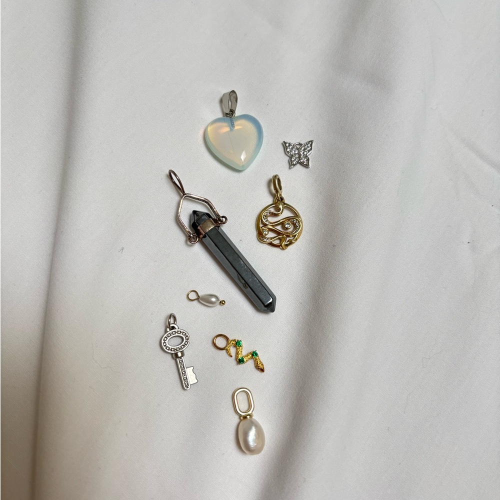 Mixed Charm Pendants - Opalescent Heart, Hematite Point, Pearl & Keys
